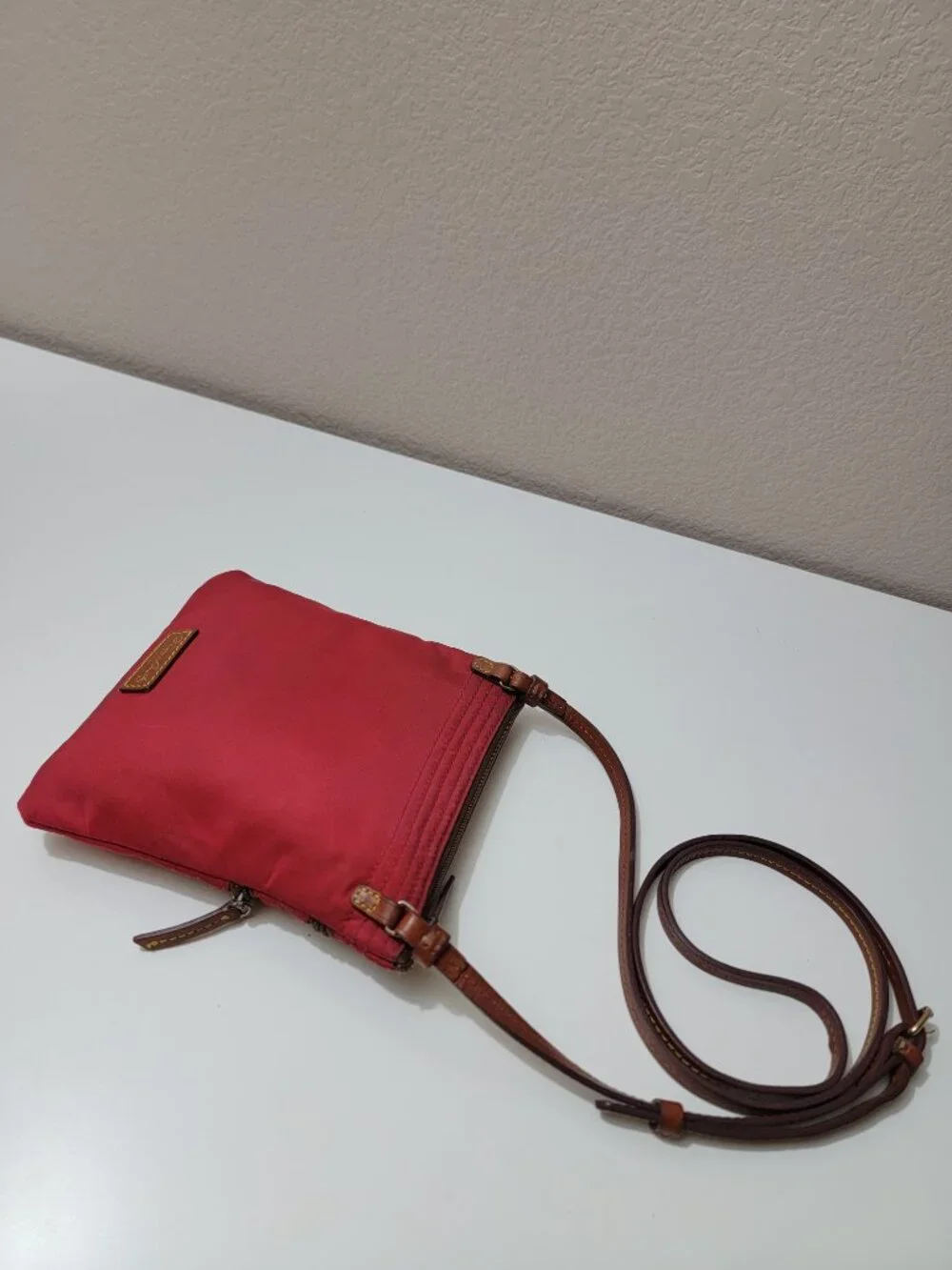 Dooney and Bourke Red Nylon Triple Zip Crossbody Bag Leather Trim Duck Logo